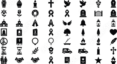 Foto Funeral service memory elements solid black glyph icons set for mourning burial