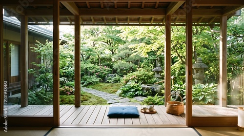 Tranquil indoor space with wooden deck and lush garden view through open.
