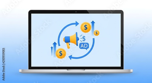 A laptop displays an advertisement with money and megaphone icons on screen