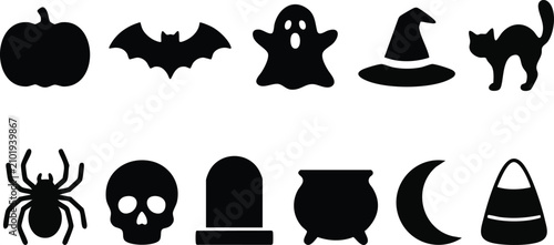 Obraz na płótnie Halloween black silhouette featuring pumpkin, bat, ghost, witch hat, cat, spider