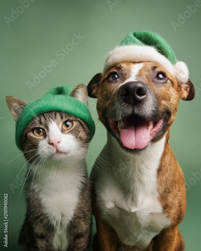 Happy brindle dog and tabby cat sitting together wearing green holiday elf hats against a solid green background with soft studio lighting for festive Christmas cheer and pet friendship.