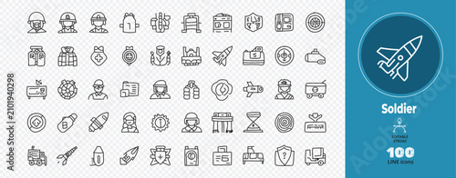 Military soldier army line icons collection for professional defense force equipment graphic design.