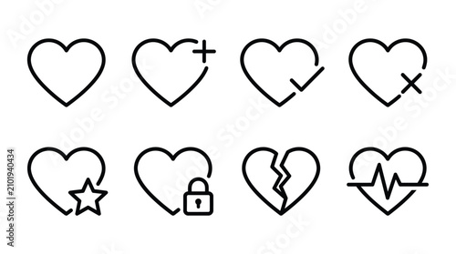 Heart and Like Line Icon Variation Set of 8, Classic Add Check Remove Star Lock Broken Pulse Outline Vector Editable Stroke