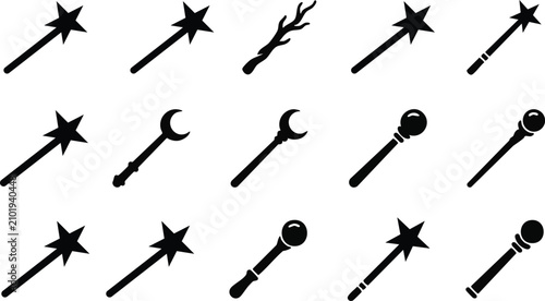 Set of fifteen black silhouette magic wands featuring star, moon, sphere, and rustic branch isolated on a white background