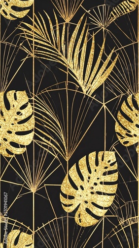 Luxury gold art deco tropical leaf pattern or Elegant gold art deco jungle leaf seamless background