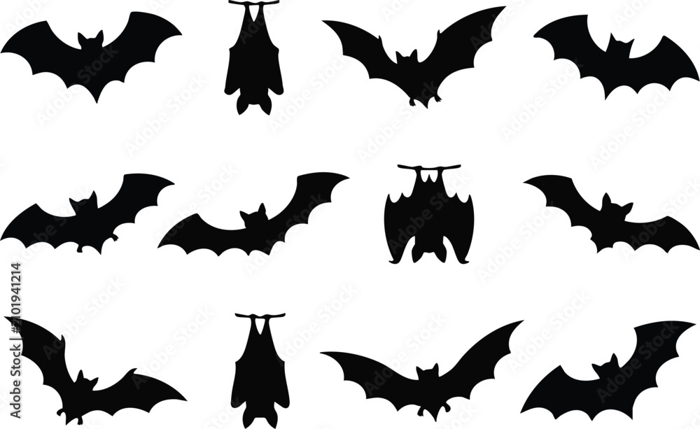 Fototapeta premium Twelve black bat silhouettes featuring flying poses and hanging positions for halloween projects on a white background