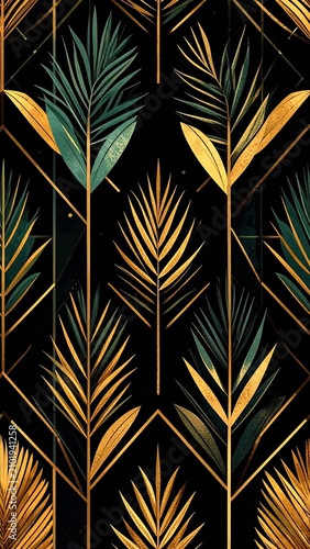 Art Deco botanical pattern featuring philodendron and gold accents or Golden tropical leaves on a black art deco background