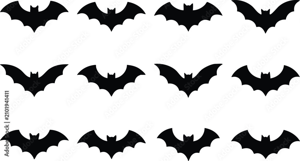 Fototapeta premium Twelve black bat silhouettes in diverse flying positions arranged in a grid isolated on a white background, for halloween imagery