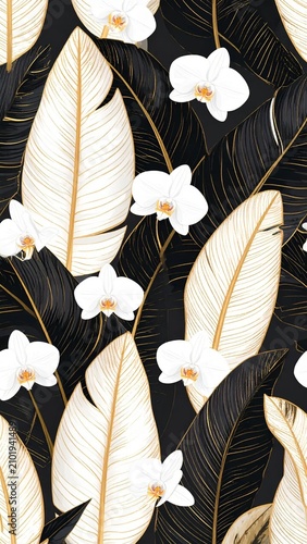 Art deco tropical botanical pattern with white orchids and golden leaf accents or Luxurious art deco floral design with white orchids and gold foliage