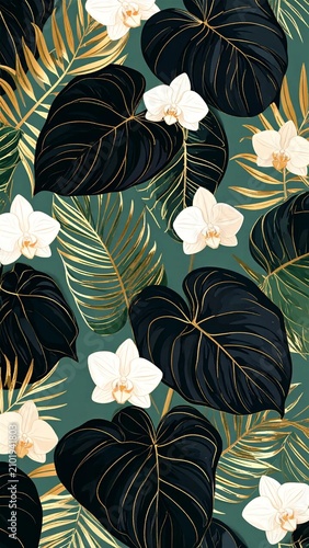 art deco tropical foliage pattern with orchids and philodendron or exotic art deco botanical pattern with orchids and dark leaves