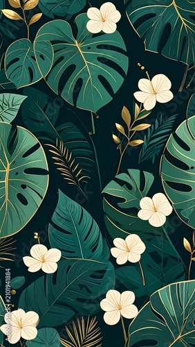 Art Deco Tropical Floral Pattern with Golden Accents or Luxurious Emerald Green Jungle Leaves with White Orchid Flowers and Gold Detail