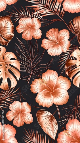 Art Deco Tropical Flowers and Leaves Pattern Copper or Copper Tropical Flora Pattern Seamless Design
