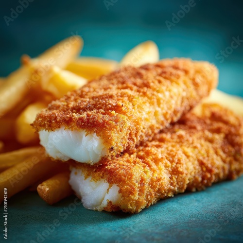Golden crispy breaded fish fillets with fluffy white center served over salty french fries on a vibrant teal textured background, cinematic lighting highlighting fresh seafood gourmet dish.