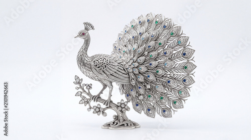 Intricate silver peacock figurine adorned with colorful gemstones on a light background