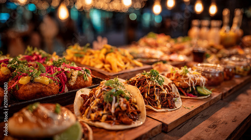 Assorted Mexican Street Food Tacos on Rustic Wooden Serving Boards, Colorful Gourmet Taco Bar with Fresh Toppings, Authentic Fiesta Buffet, Casual Dining and Food Market Concept