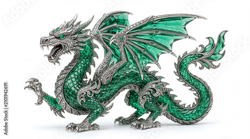 Intricate emerald dragon sculpture with detailed scales and wings, showcasing craftsmanship and artistic design