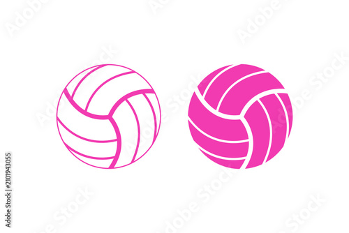 Volleyball ball icon. Pink round object for playing sports game. Pinkish-white and white and pink striped equipment. Flat vector illustration isolated on white background
