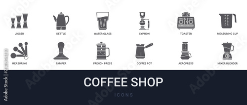 Photos Set of 12 solid Coffee Shop icons for dashboards, app screens and website sections