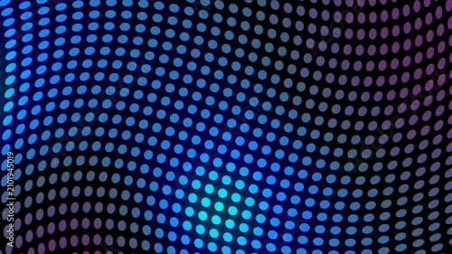 Curved dotted matrix with pulsing bright bulge moving diagonally across dark gradient background, shifting cyan blue highlights toward magenta purple glow with smooth abstract depth