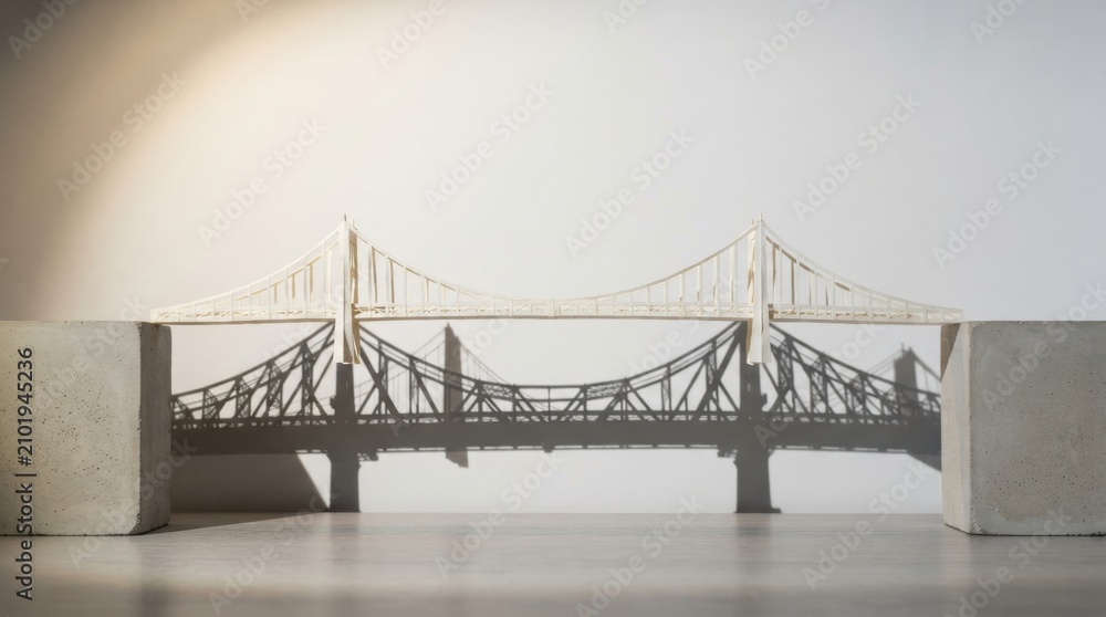 Naklejka premium Miniature suspension bridge model placed between concrete blocks casting a long shadow on the floor for architecture and structural design background