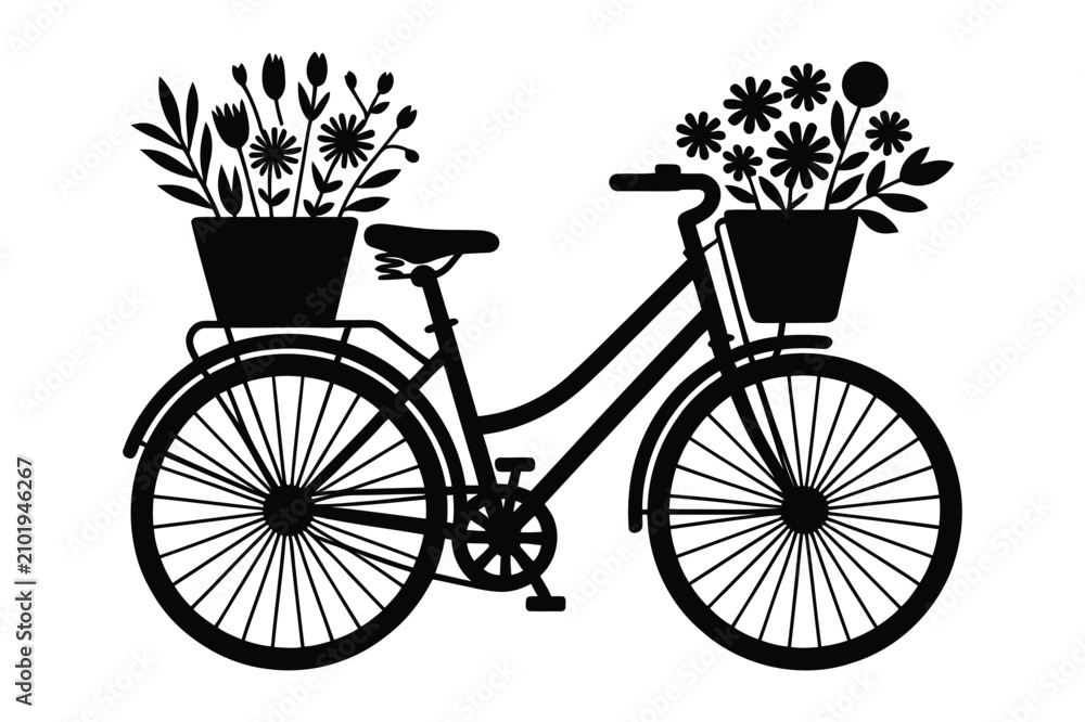 Obraz premium Silhouette illustration of a vintage bicycle carrying flower pots in baskets