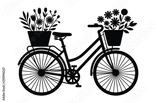 Canvastavla Silhouette illustration of a vintage bicycle carrying flower pots in baskets