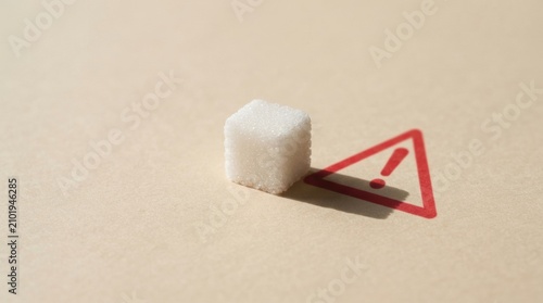 Single sugar cube on beige paper with red warning triangle for health poster and background design about sugar risk and nutrition
