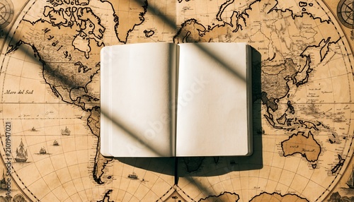 Open Blank Notebook On Vintage World Map Background With Warm Sunbeams And Soft Shadows For Travel