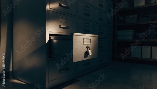Open Metal Filing Cabinet Drawer With A Padlock In A Dimly Lit Archive Room With Wooden Shelves