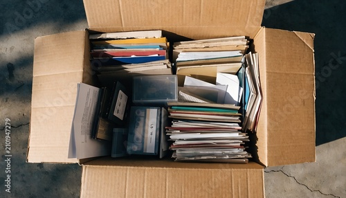 Top View Of A Cardboard Box Filled With Assorted Old Documents And Paperwork In Bright Sunlight