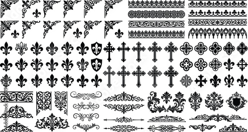 Medieval gothic ornaments vector set, fleur de lis symbols, christian crosses, filigree corner borders, seamless trim patterns, text dividers, black elements