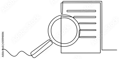 Bild auf Leinwand Continuous single line drawing of a magnifying glass over a document page showin