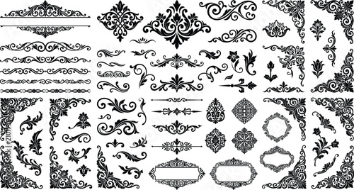 Filigree scrollwork ornaments vector set, vintage baroque damask headers, calligraphic corner borders, text dividers, floral medallions, decorative crests, black elements