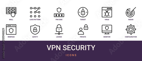 Fotografie Set of 12 outline web Vpn Security icons such as configuration, monitor, private