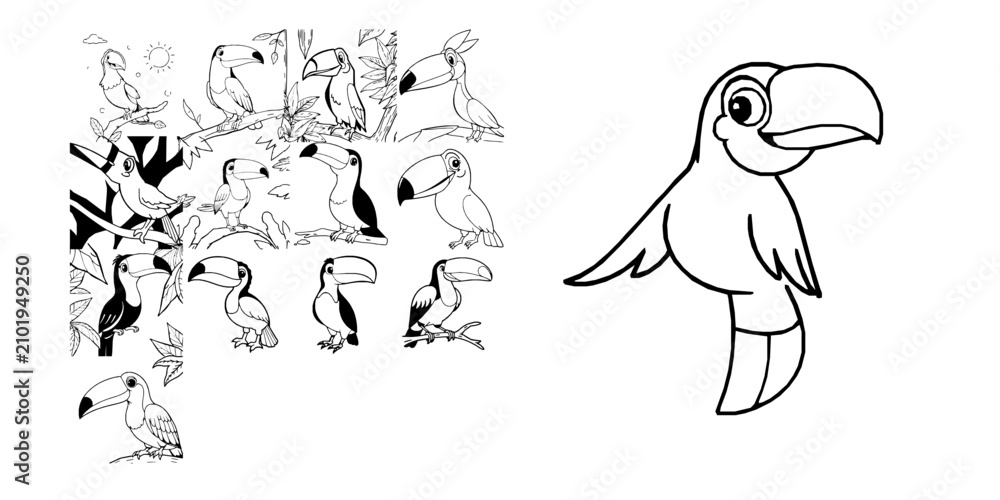 Obraz premium Happy Cartoon Toucan Coloring Page