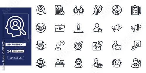 Recruitment and Human Resources outline icon set. Containing job interview, resume, hiring process, teamwork, career growth, and handshake deal. Vector illustration, outline style.