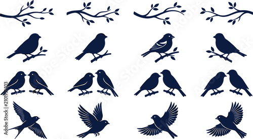 Billede på lærred Navy Blue Bird Silhouette Collection with Flying Poses, Tree Branches, and Perch