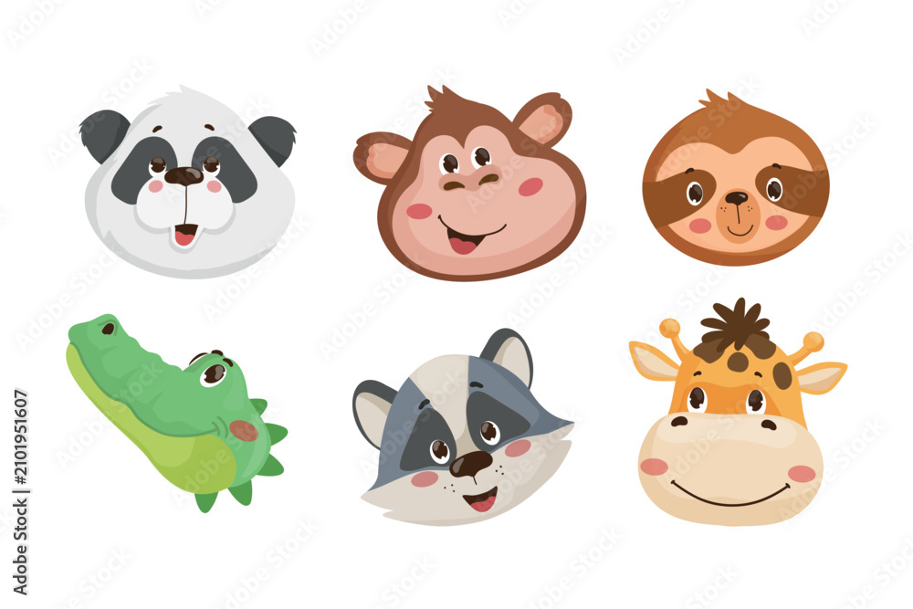 Fototapeta premium Cartoon vector illustration of a collection with six cute wild animal heads and smiling faces, isolated on white background.