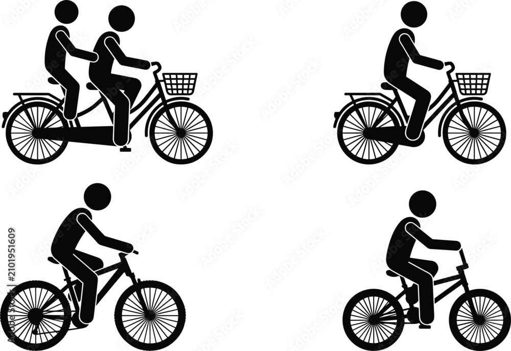 Obraz premium Cyclist stick figure silhouette vector icon set featuring people riding city bicycle tandem bike mountain bicycle and bmx