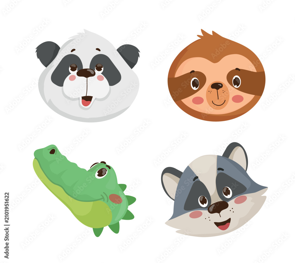Fototapeta premium Cartoon vector illustration of a collection with four cute animal heads and smiling faces, isolated on white background.