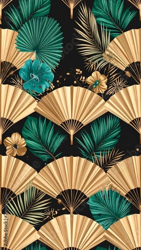 Art deco tropical foliage and fans on black background or Luxury art deco gold and green tropical leaf pattern design