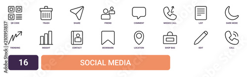 Bilde på lerret Set of 16 outline web Social Media icons such as call, edit, shop bag, location,