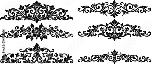 Filigree floral headers vector set, vintage baroque scrollwork pediments, acanthus leaf and blossom vignettes, decorative page dividers, black line art