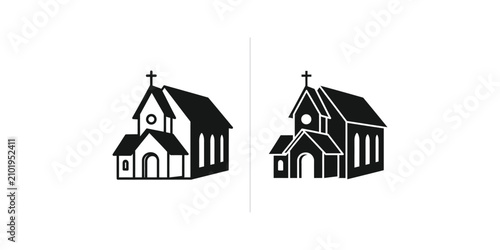 Quadro su tela Set of minimalist church building icons with cross symbol for religious and comm