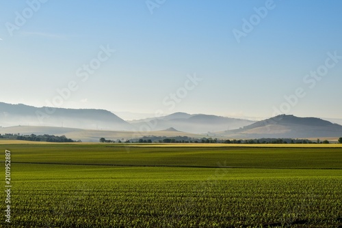 Foto Scenic morning landscape with green agricultural fields and misty mountains, hig