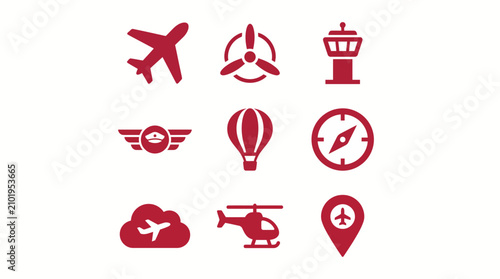 Red Aviation and Air Travel Flat Vector Icon Set Collection