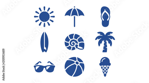 Flat Design Summer Beach Travel Icons Set