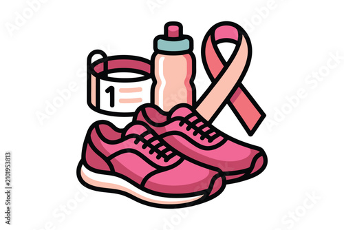 Clean vector art with pink running shoes a water bottle a measuring tape and a pink ribbon signifies fitness health and vital charity outreach