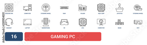 Canvas Print Set of 16 outline web Gaming Pc icons such as gpu, wasd, computer, cpu, vr, micr