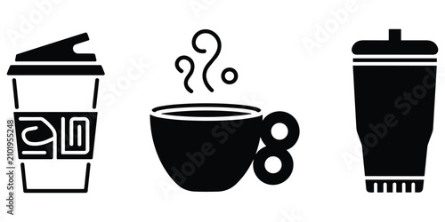 Cuadro en lienzo Black silhouette coffee icons showing takeaway cup steaming mug and travel tumbl